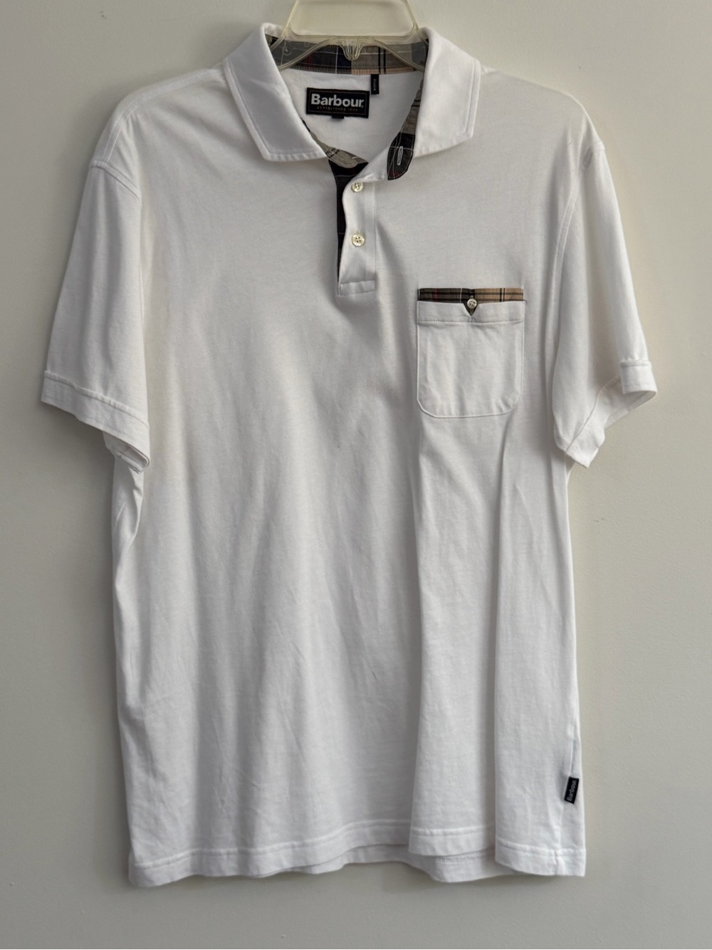 Barbour mens Corpatch polo shirt White size XL short sleeve tartan trim pocket